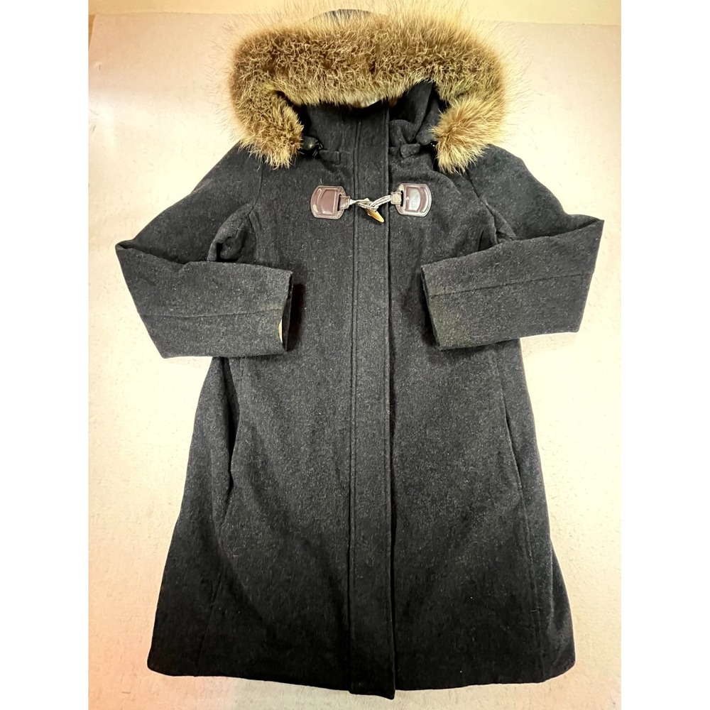 Pendleton Raccoon Fur Coat Womens Large Charcoal Gray Wool Toggle Front Hooded